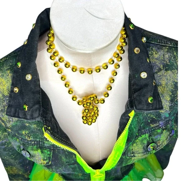 Custom Vibrant Mardi Gras Green and Black Denim American Bazi Jacket, Size: Lg - Picture 6 of 10